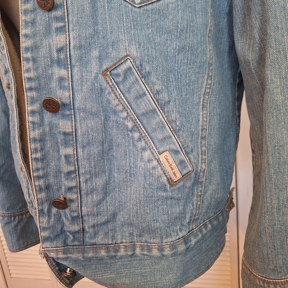 Vintage Calvin Klein Jeans Sherpa 100% Cotton Denim Jacket LG - Picture 4 of 6